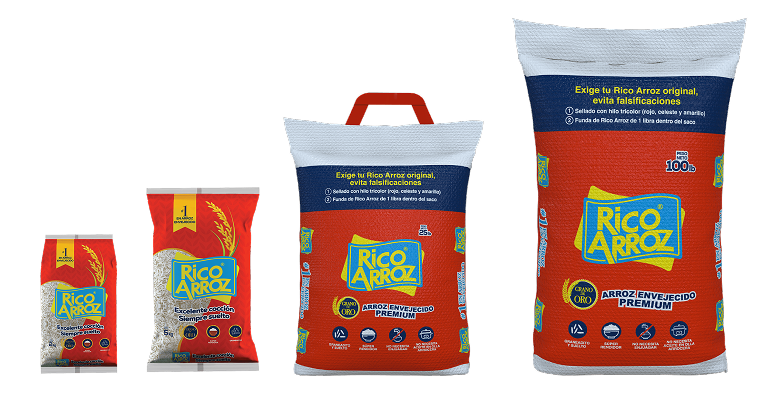 Empaques de Rico Arroz: bolsa de 2 kg, bolsa de 5 kg, saco de 25 lb y saco de 100 lb